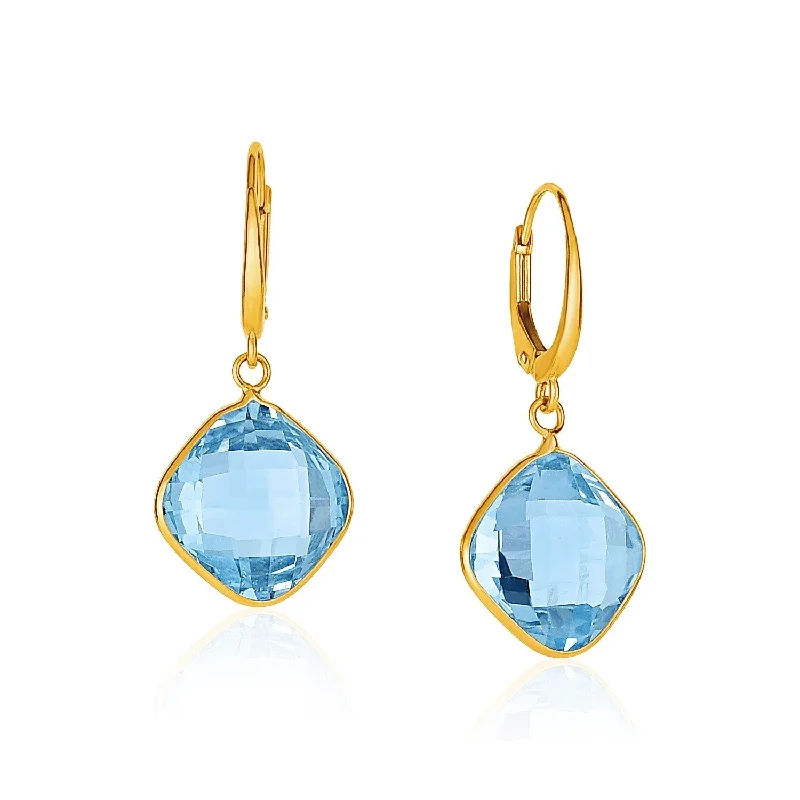 LOVCIA Luxury Glamorous 14k Yellow Gold Drop Earrings with Cushion-Cut Blue Topaz Briolettes