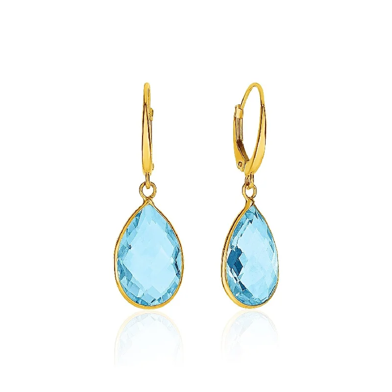 LOVCIA Luxury Classic Pear-Shaped Blue Topaz Drop Earrings in 14K Yellow Gold