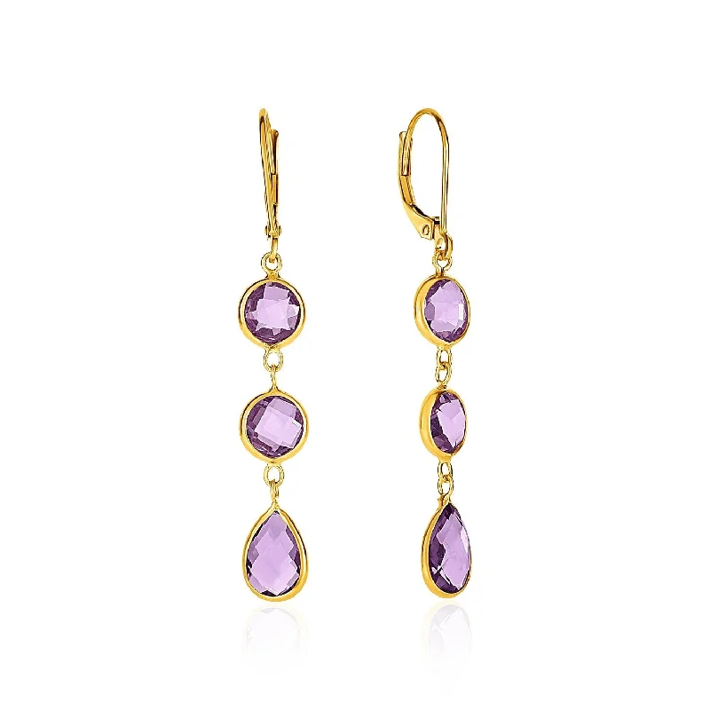 LOVCIA Luxury Glamorous 14k Yellow Gold Drop Earrings Featuring Pear-Shaped Amethysts