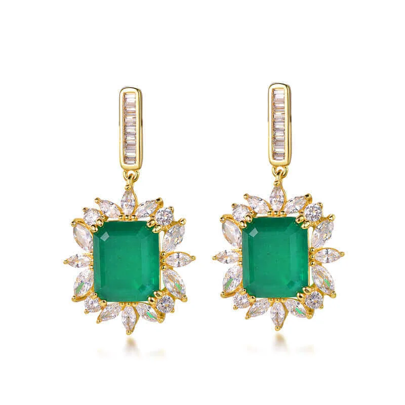 Emerald and Diamond Square Cut  Drop Earrings