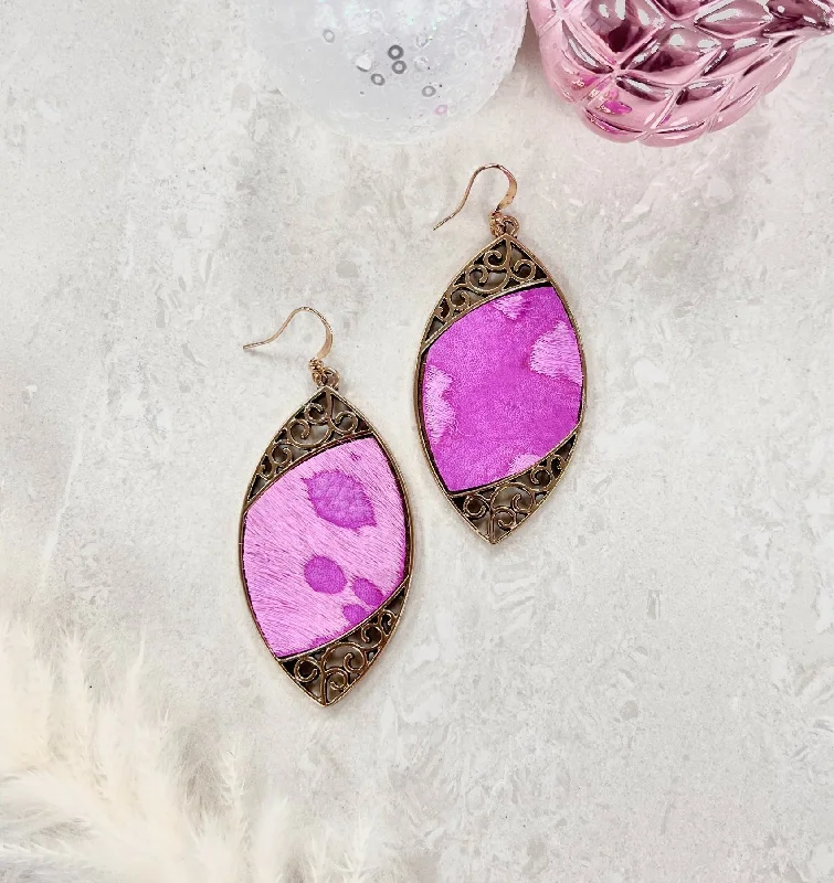 Gold Scroll and Fuchsia Drop Earrings