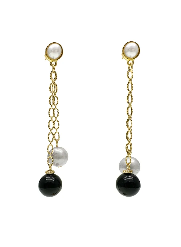 Black Obsidian and Gray Freshwater Pearls Drop Earrings LE044