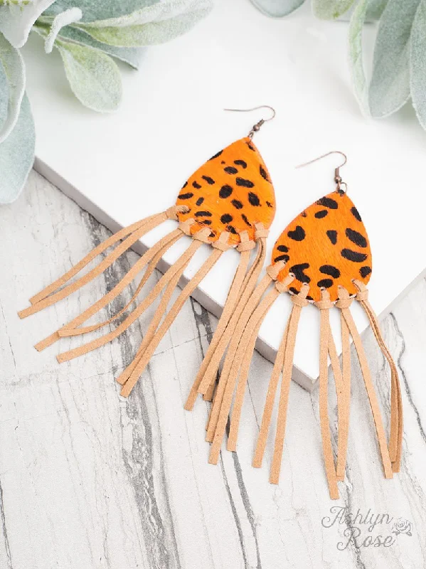 Let's Be Fringe Animal Print Leather Drop Earrings, Orange Leopard