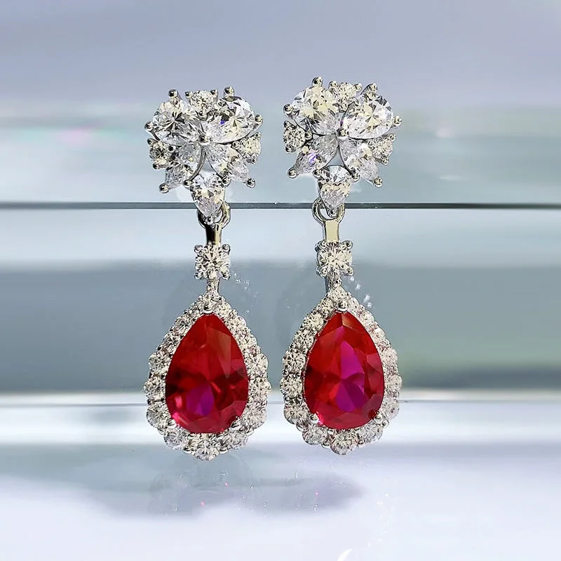 LOVCIA Elegant 925 Sterling Silver Ruby Red Crystal Diamond Drop Earrings for Women