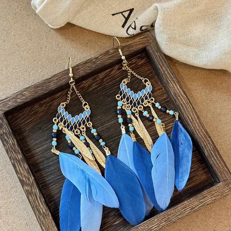 LOVCIA Feathered Alloy and Rice Bead Drop Earrings for Women