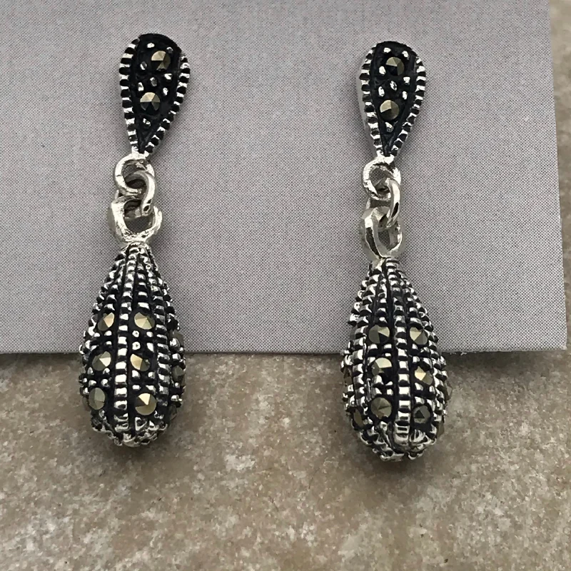 Sterling Silver Marcasite All Round Drop Earrings Top Detail