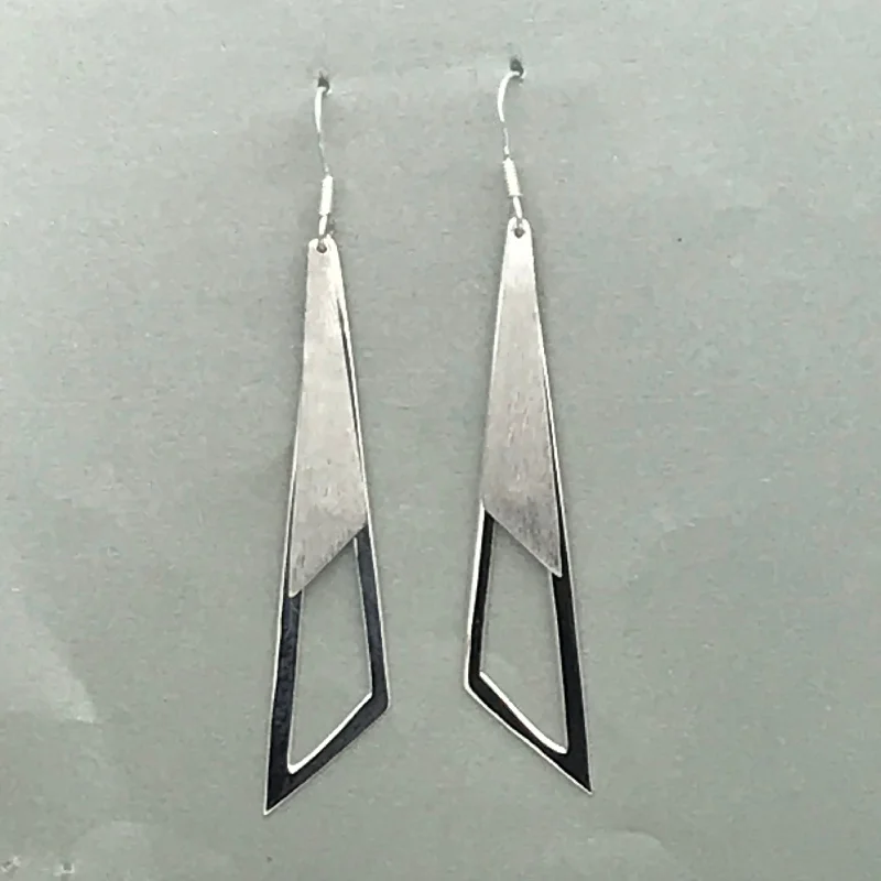 Sterling Silver Matt/Shiny Double Triangle Drop Earrings