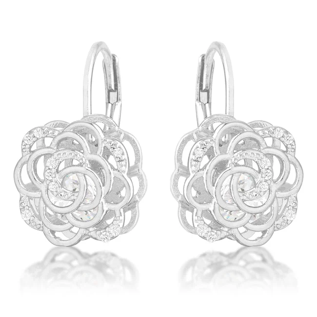 LOVCIA Elegant Rose Design Rhodium Drop Earrings with 1.5ct CZ