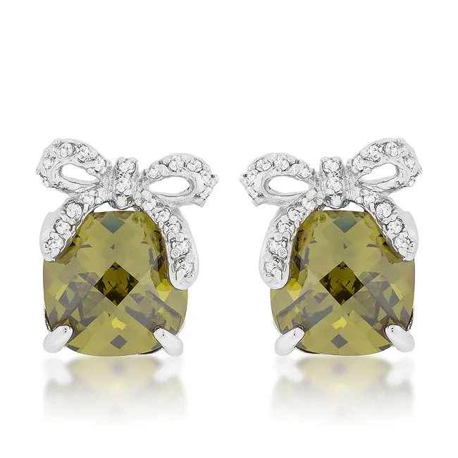 LOVCIA Elegant Olivine Bow Drop Earrings with Platinum Luster