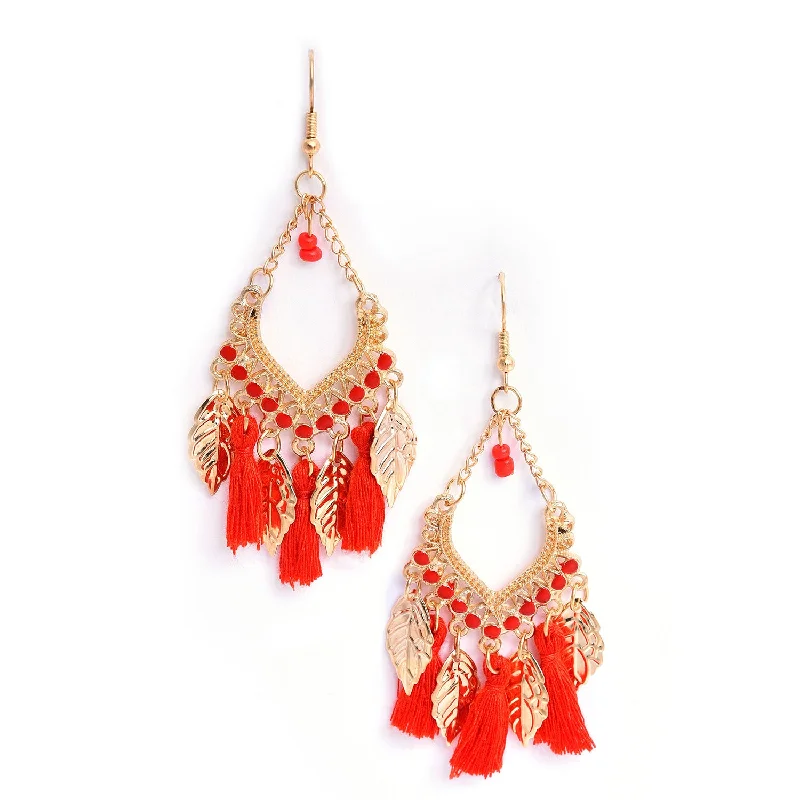 Orange  Gold-toned Contemporary Tasseled Drop Earrings