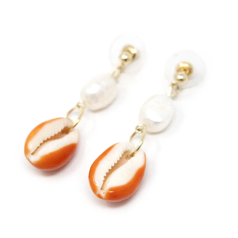 Orange Cowry Pearl Drop Earrings Gold Tone