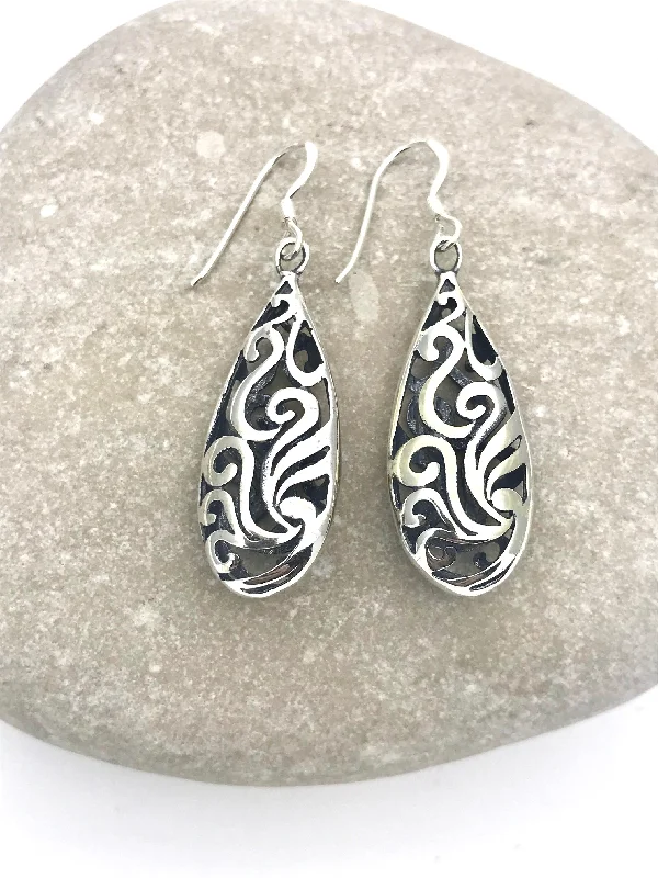 Sterling Silver Puffed Tear Scroll Drop Earrings