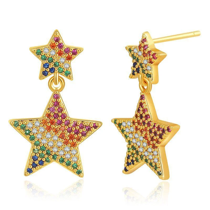 Rainbow Star Pentagram Pendant Earrings Zircon in Gold