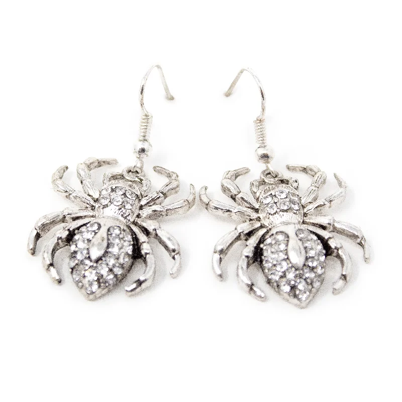 Rhodium Plated Drop Earrings CZ Spider