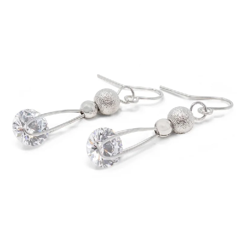 Rhodium Plated Single Cubic Zirconia Drop Earrings