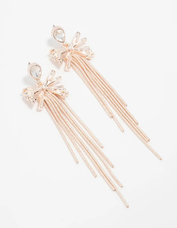 Rose Gold Rose Diamante Bow Chain Drop Earrings