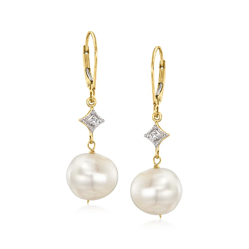 Ross-Simons 10.5-11mm Cultured Pearl Drop Earrings With Diamond Accents in 14kt Yellow Gold