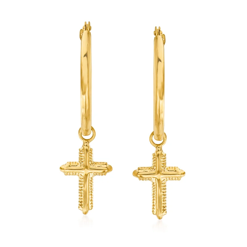 Ross-Simons 14kt Yellow Gold Beaded Cross Hoop Drop Earrings