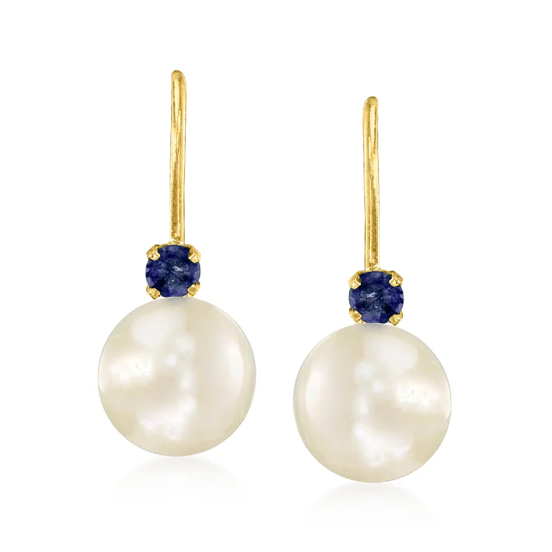 Ross-Simons 7-7.5mm Cultured Pearl Drop Earrings With . Sapphires in 14kt Yellow Gold