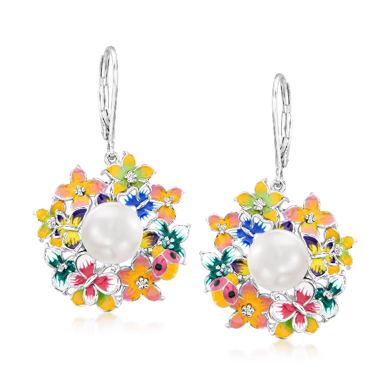 Ross-Simons 8.5-9mm Cultured Pearl Flower Drop Earrings With Diamond Accents and Multicolored Enamel in Sterling Silver