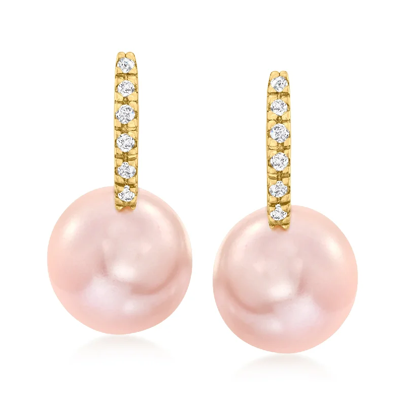 Ross-Simons 8-8.5mm Pink Cultured Pearl Huggie Hoop Drop Earrings With Diamond Accents in 14kt Yellow Gold