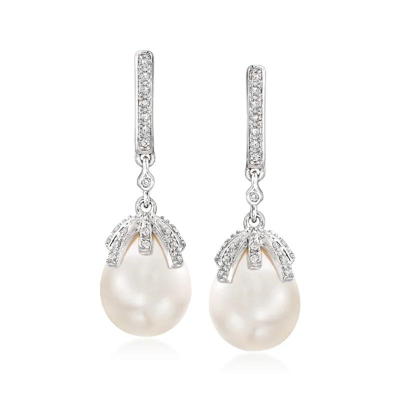 Ross-Simons 9-9.5mm Cultured Pearl and . Diamond Drop Earrings in Sterling Silver