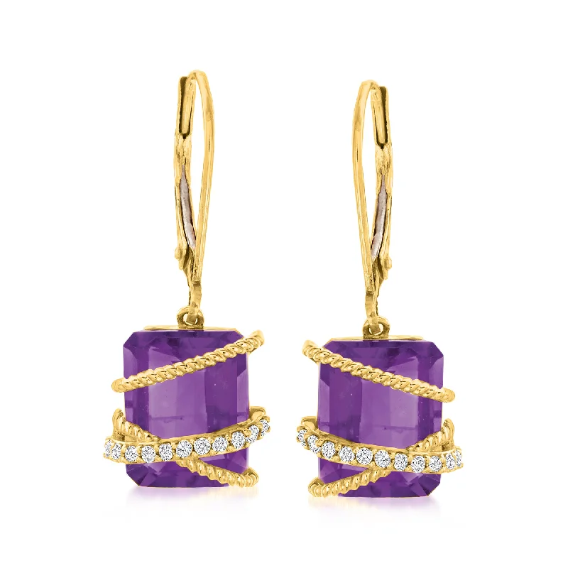 Ross-Simons Amethyst and Diamond Drop Earrings in 14kt Yellow Gold