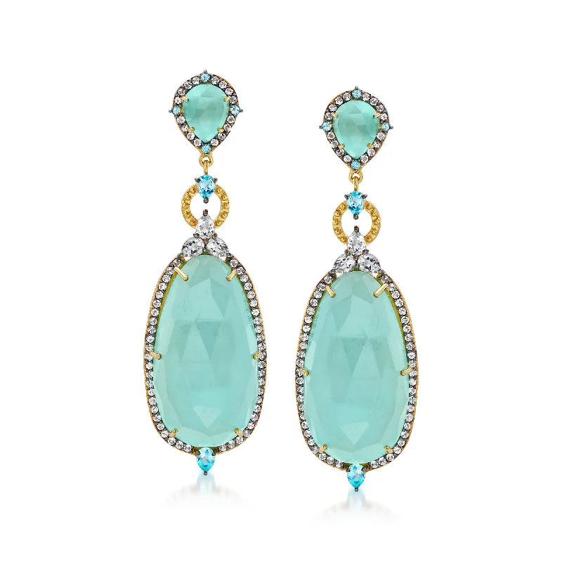 Ross-Simons Aqua Chalcedony and Blue and White Topaz Drop Earrings in 18kt Gold Over Sterling