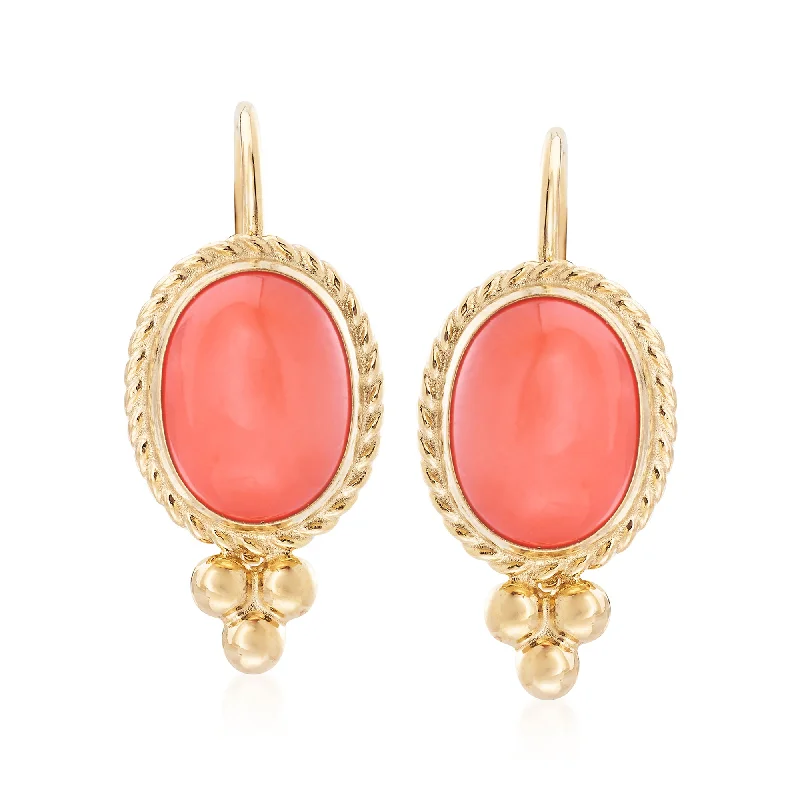 Ross-Simons Bezel-Set Coral Drop Earrings in 14kt Yellow Gold