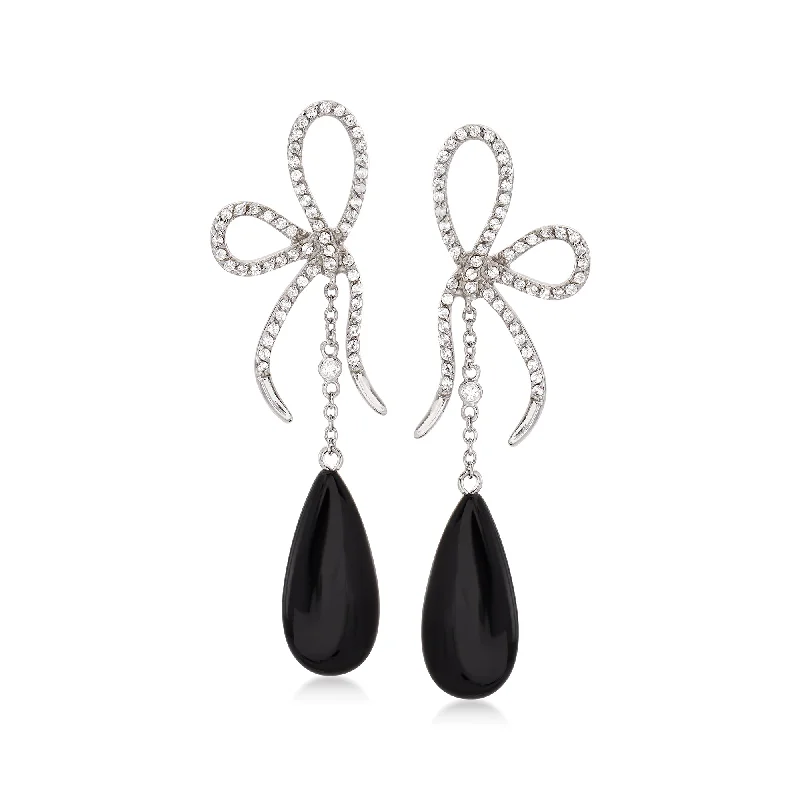 Ross-Simons Black Onyx and CZ Bow Drop Earrings in Sterling Silver