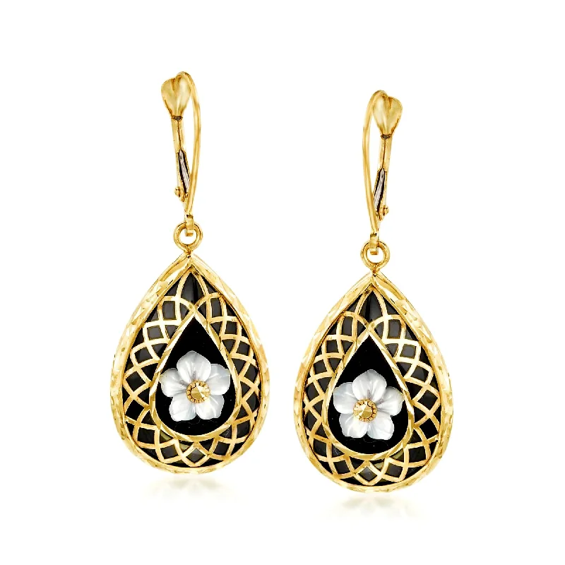 Ross-Simons Black Onyx and Mother-Of-Pearl Flower Overlay Drop Earrings in 14kt Yellow Gold