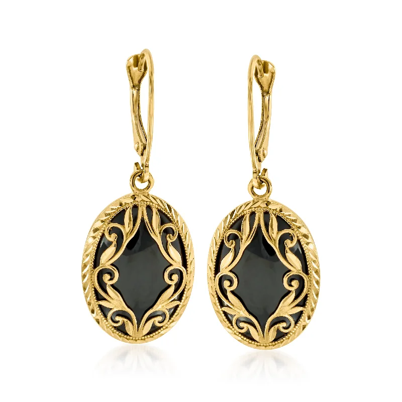 Ross-Simons Black Onyx Drop Earrings in 14kt Yellow Gold