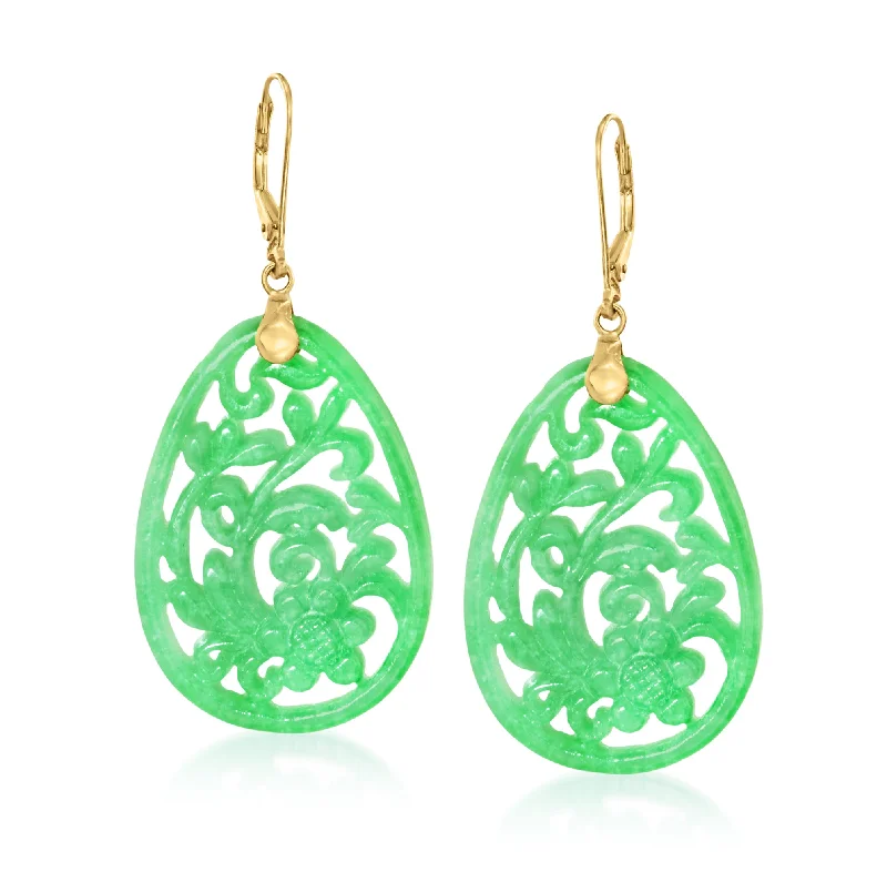 Ross-Simons Carved Jade Floral Drop Earrings in 14kt Yellow Gold