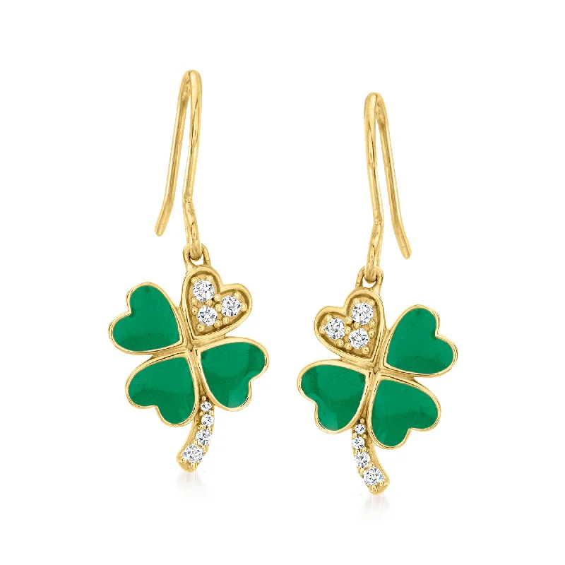 Ross-Simons Green Enamel 4-Leaf Clover Drop Earrings With . Diamonds in 18kt Gold Over Sterling