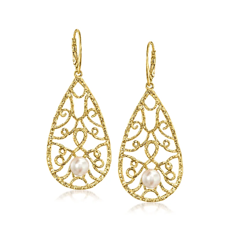 Ross-Simons Italian 7-7.5mm Cultured Pearl Filigree Teardrop Earrings in 18kt Gold Over Sterling