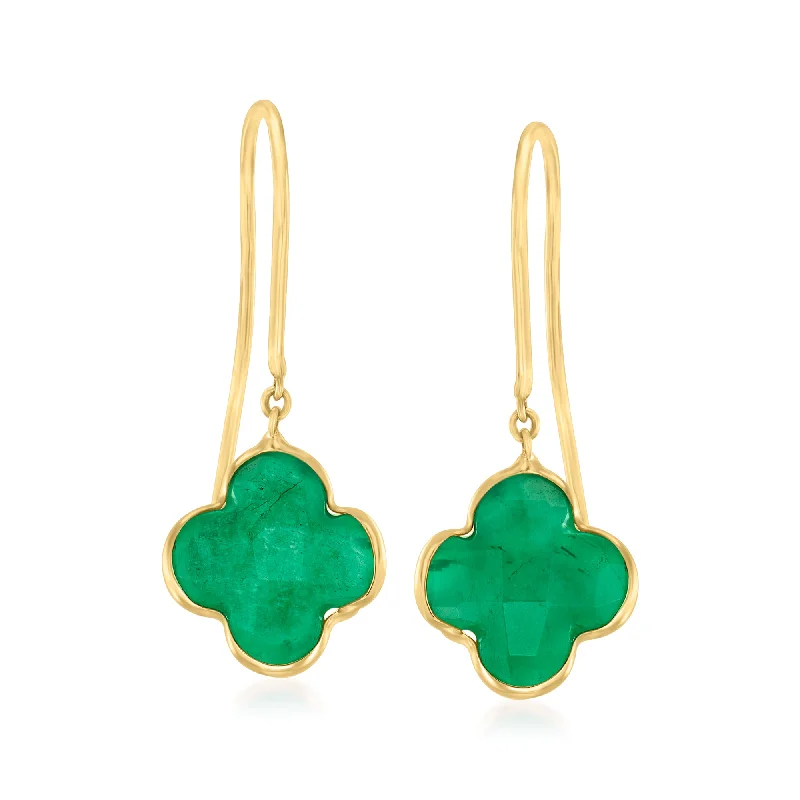 Ross-Simons Italian Emerald Clover-Shaped Drop Earrings in 14kt Yellow Gold