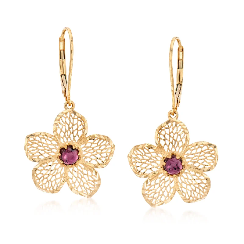 Ross-Simons Italian . Garnet Flower Drop Earrings in 14kt Yellow Gold