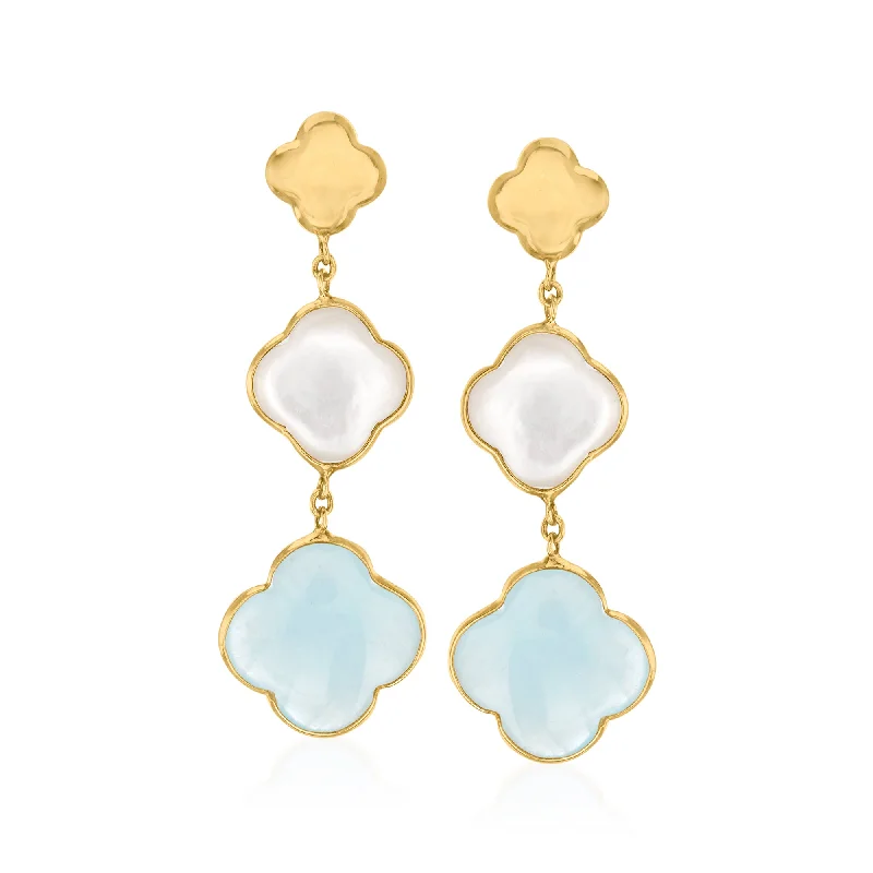 Ross-Simons Italian Mother-Of-Pearl and Aquamarine Clover Drop Earrings in 14kt Yellow Gold