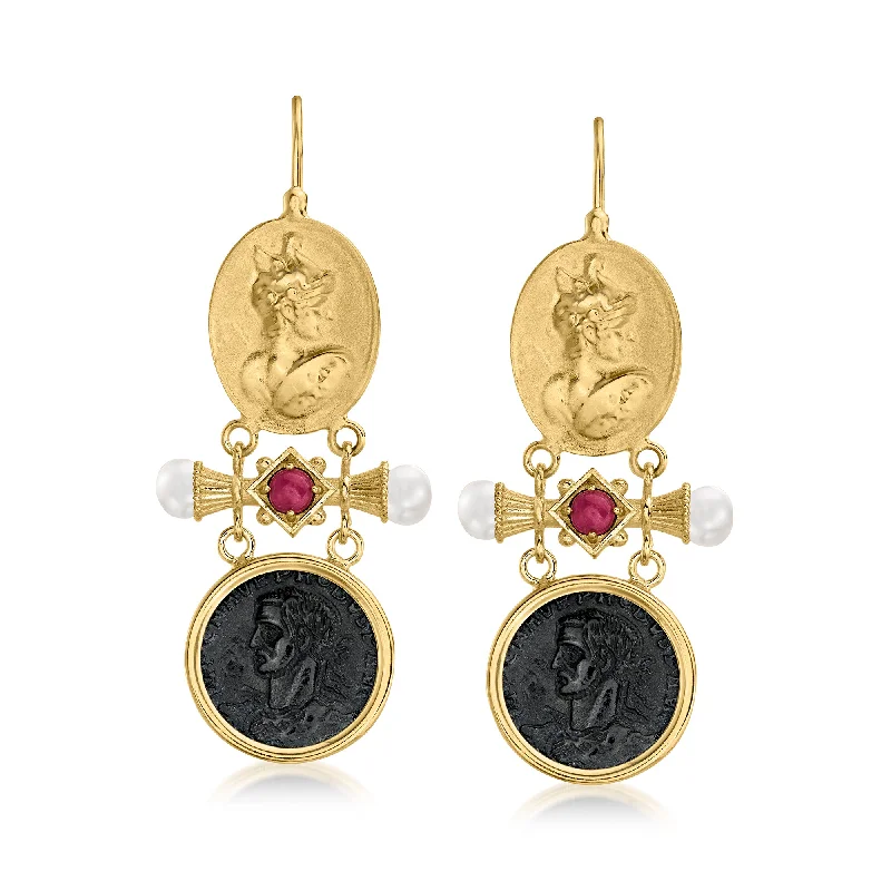 Ross-Simons Italian Tagliamonte Black Onyx and . Ruby Drop Earrings With Cultured Pearls in 18kt Gold Over Sterling