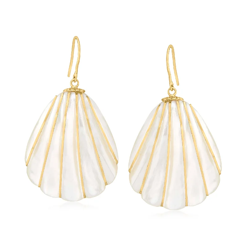 Ross-Simons Mother-Of-Pearl and 4-4.5mm Cultured Pearl Seashell Drop Earrings in 14kt Yellow Gold