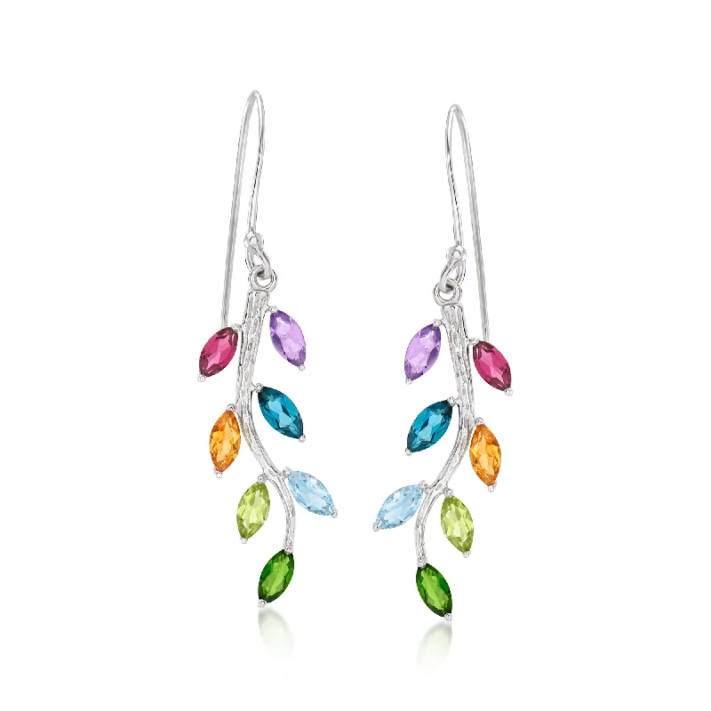 Ross-Simons Multi-Gemstone Vine Drop Earrings in Sterling Silver