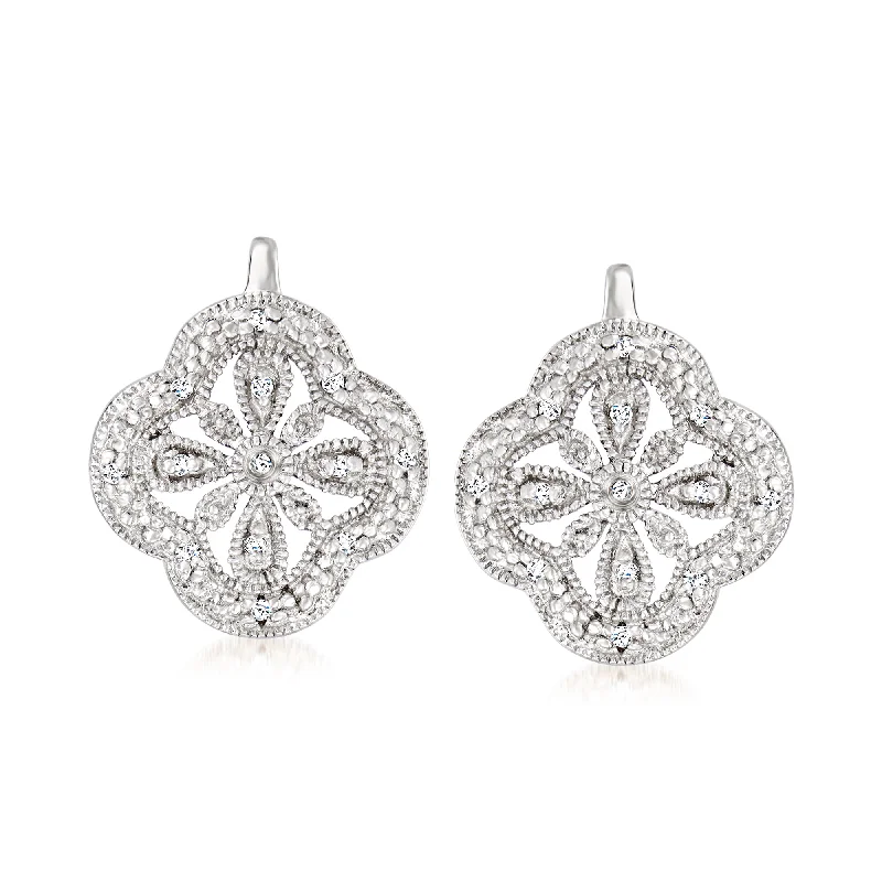 Ross-Simons Openwork Clover Drop Earrings With Diamond Accents in Sterling Silver