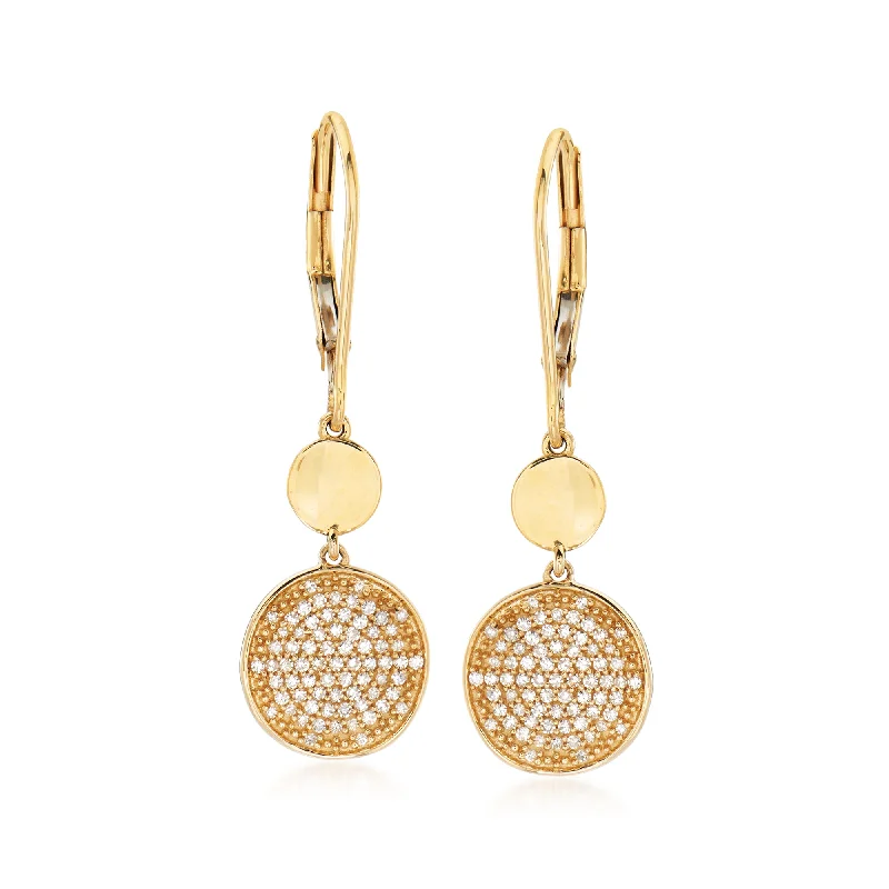 Ross-Simons Pave Diamond Disc Drop Earrings in 14kt Yellow Gold