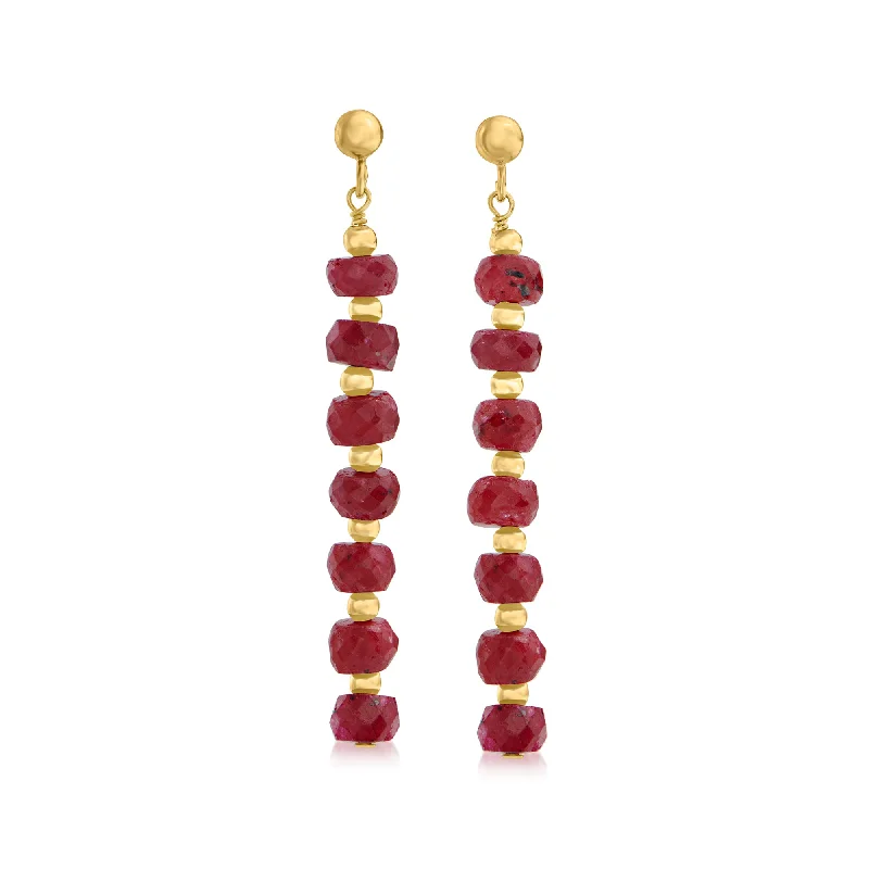 Ross-Simons Ruby Bead Linear Drop Earrings in 14kt Yellow Gold