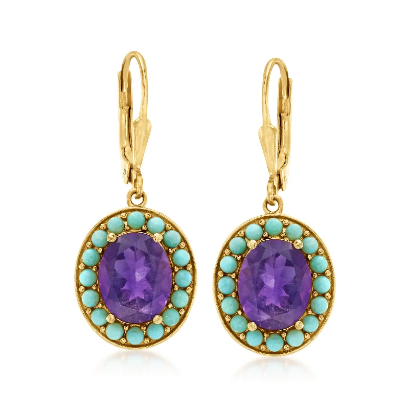 Ross-Simons Turquoise and Amethyst Drop Earrings in 18kt Gold Over Sterling