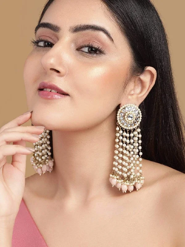 Rubans Gold Plated Handcrafted Kundan & Pink Beads Drop Earrings