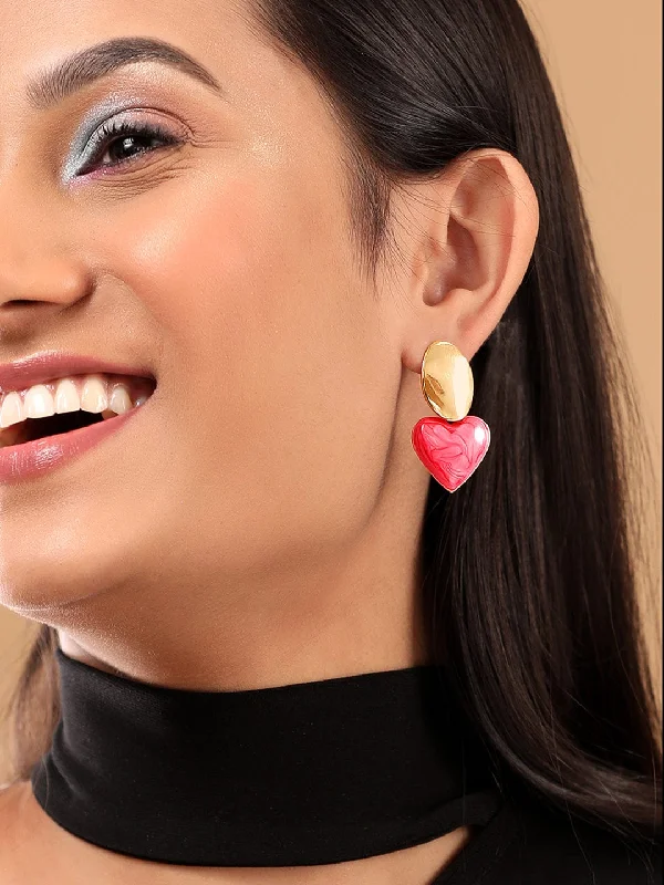 Rubans Voguish Gold Toned Textured Stud With Red Heart Motif Drop Earrings