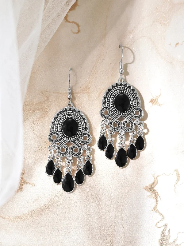 Rubans Oxidised Silver Toned Handcrafted Black Enamel Handpainted Drop Earrings