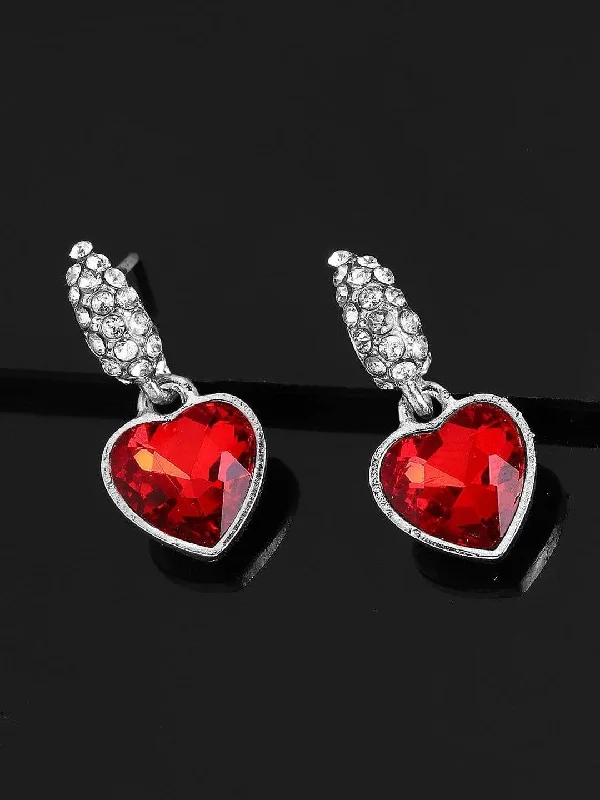 Rubans Silver Plated Handcrafted  Red Stone Heart Shaped Drop Earrings