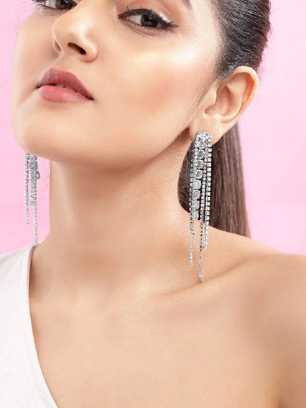 Rubans Silver Plated Handcrafted Zircon Stone Layered Drop Earrings